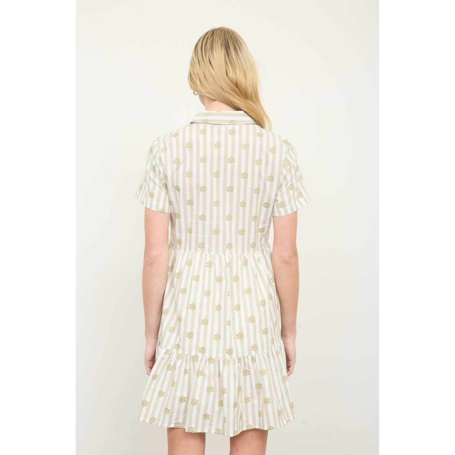 Stripe Floral Collared Short Sleeve Shirt Dress