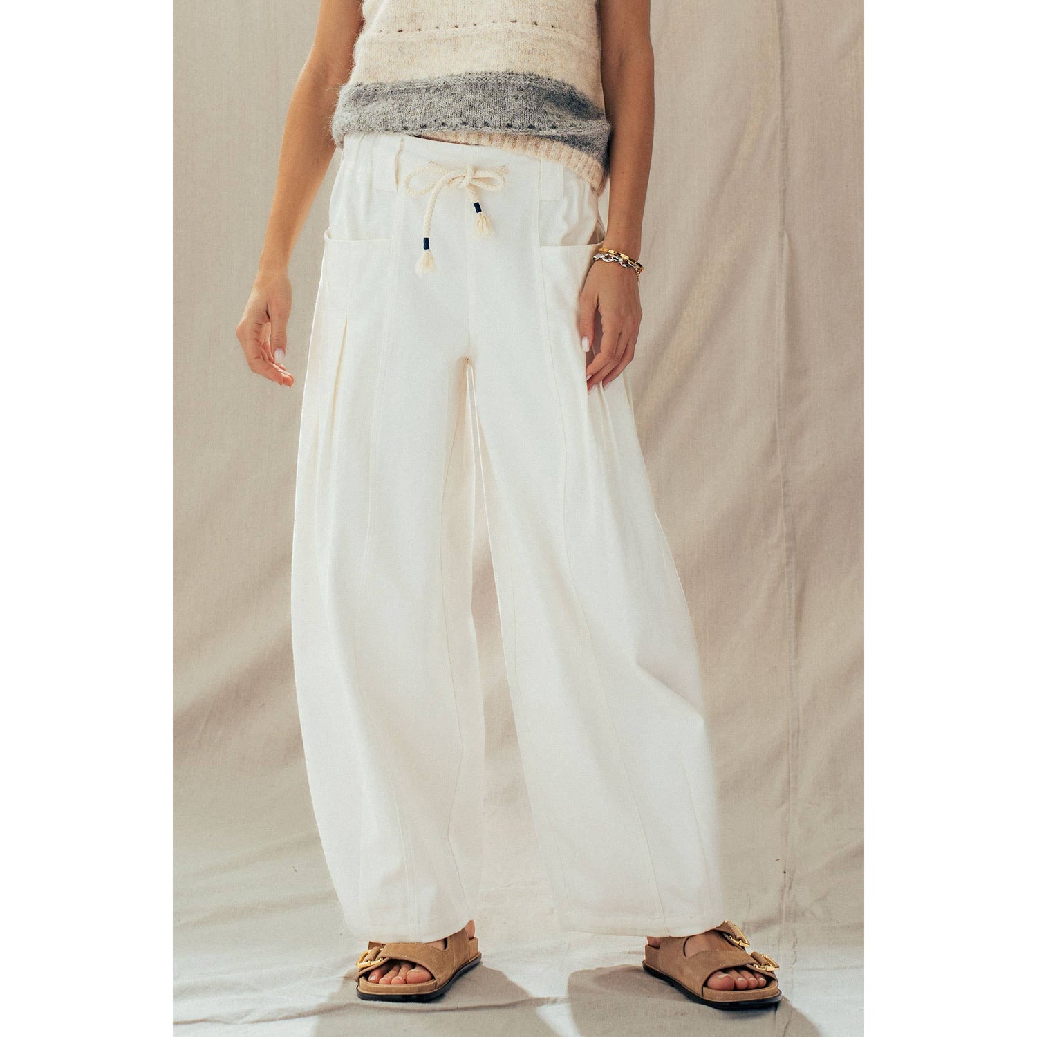 Ivory Rope Drawstring Balloon Pants Pleated Front
