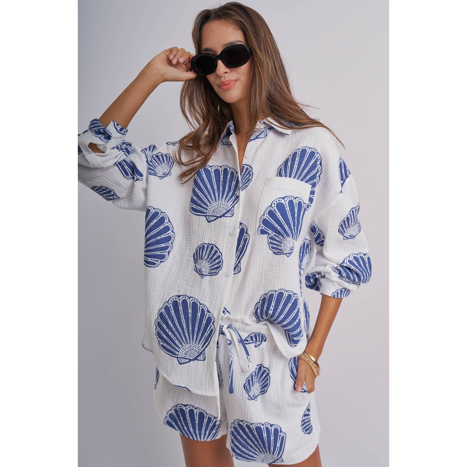 Seaside Blue Shell Cotton Gauze Shirt & Short Set