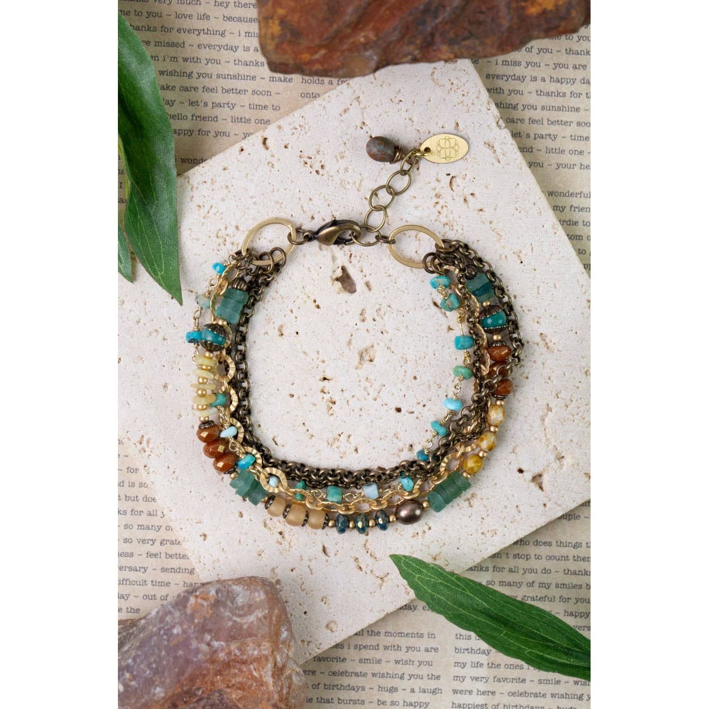 Atlas 7.5-8.5" Roman Glass, Amazonite, Czech Glass Multistrand Bracelet