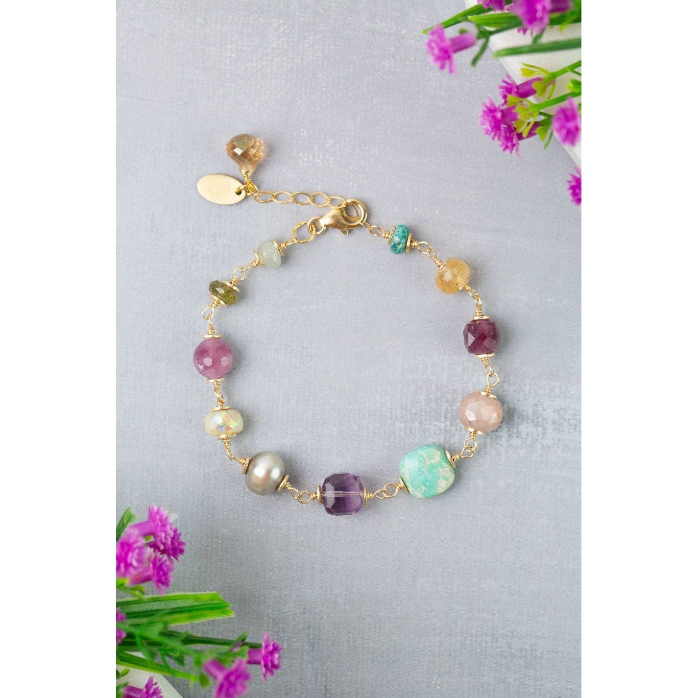 Treasure 7.5-8.5" Turquoise, Honey Opal, Citrine Collage Bracelet