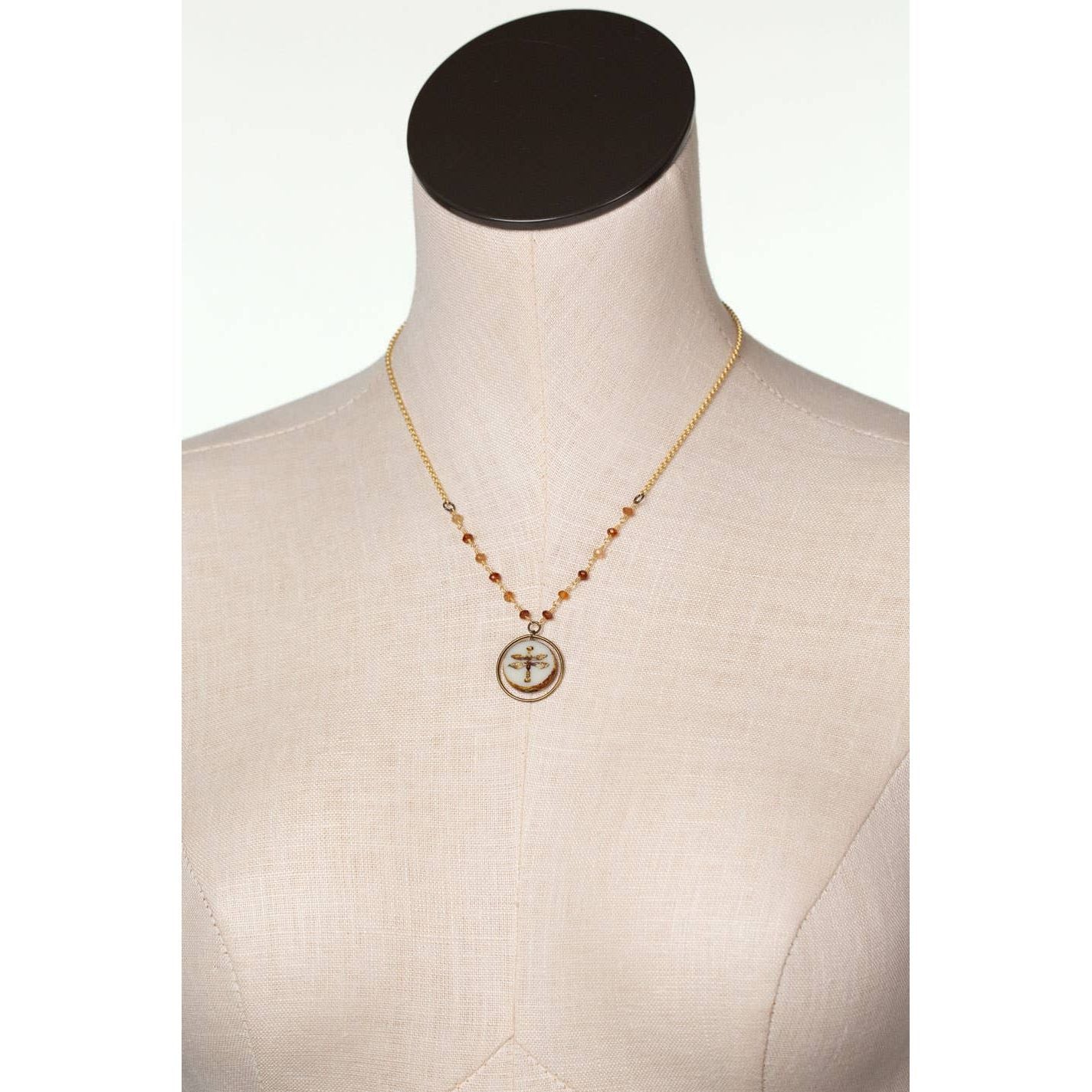 Enlighten 16-18" Czech Glass Dragonfly and Hessonite Garnet Simple Necklace