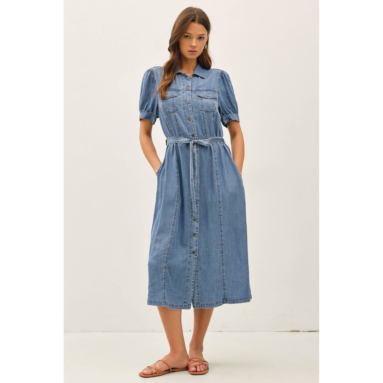 Puff Sleeved Denim Shirt Dress