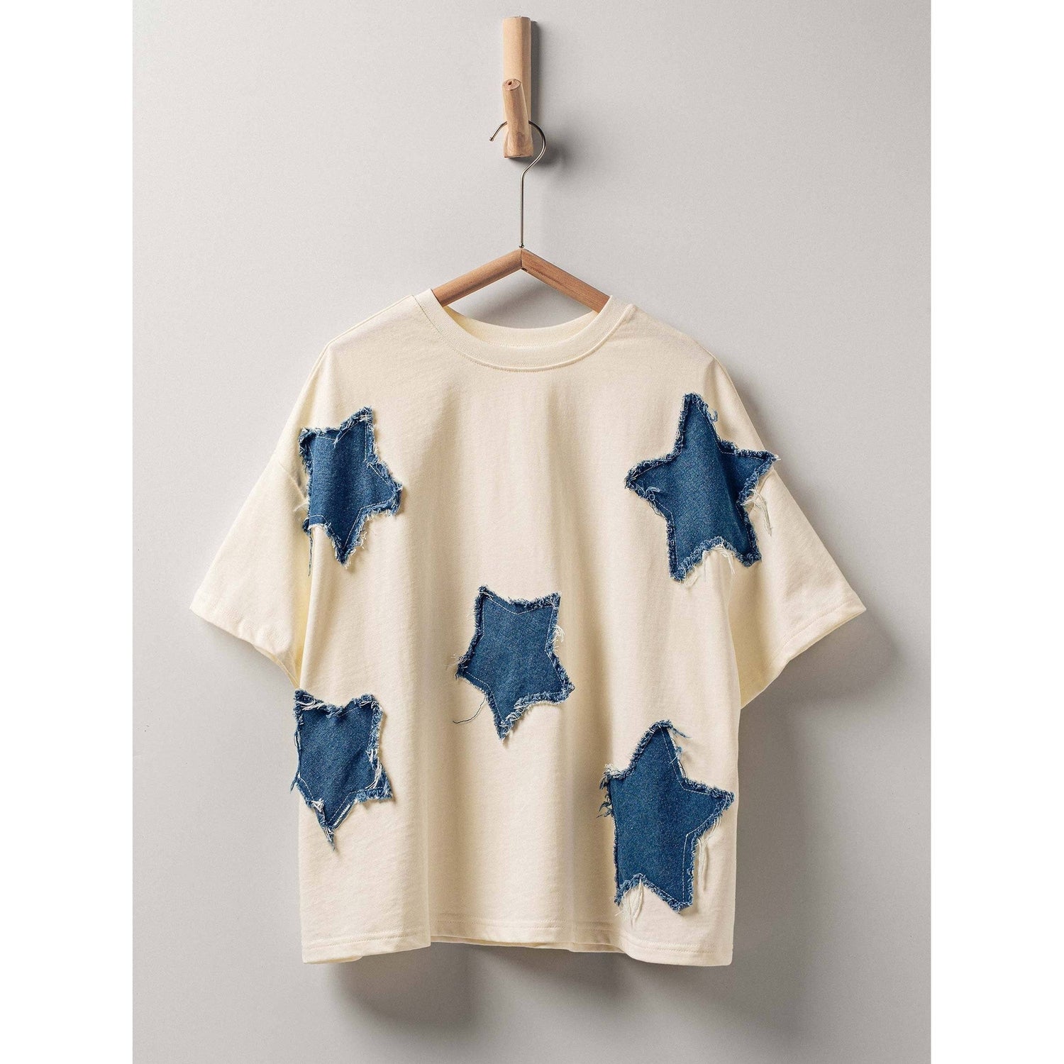 Distressed Denim Star Appliqué Cotton Tee