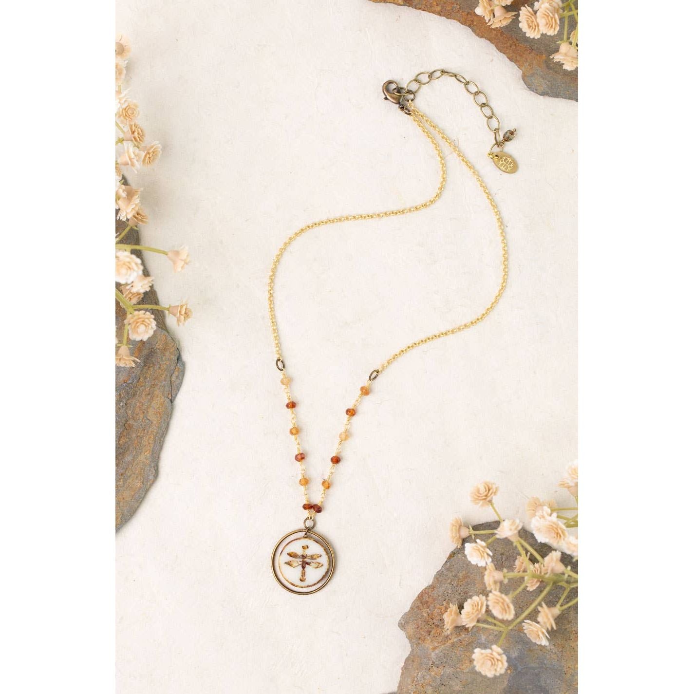 Enlighten 16-18" Czech Glass Dragonfly and Hessonite Garnet Simple Necklace