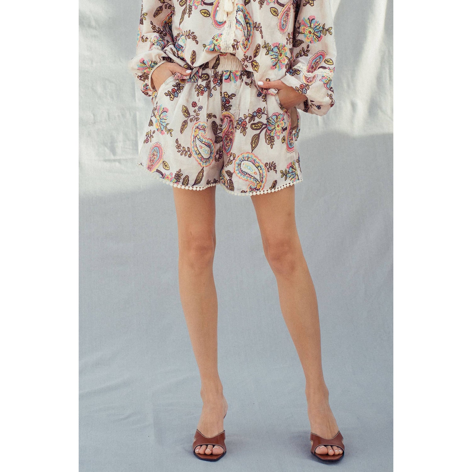 Boho Colorful Paisley Embroidered Smocked Shorts