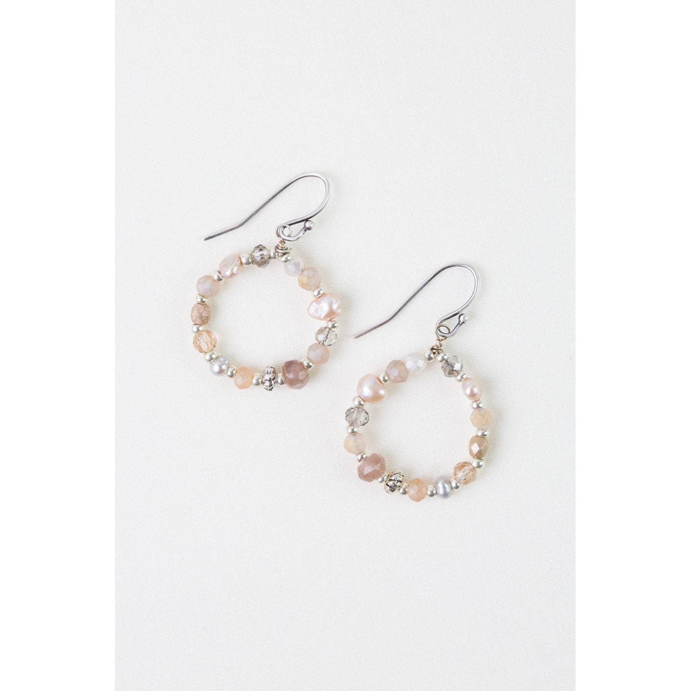 Blush Crystal, Freshwater Pearl, Moonstone Hoop Earrings