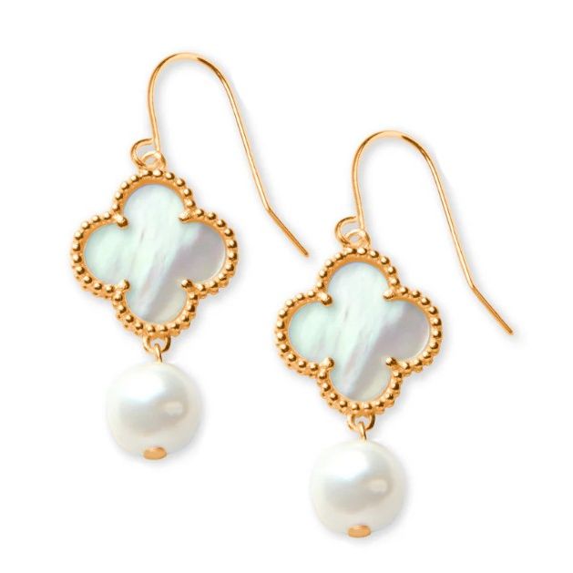 18K Gold Clover Drop Earrings with Freshwater Pearls