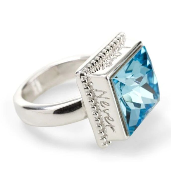 "Love Never Fails" Sterling Silver Ring - Aqua Marine Swarovski Crystal