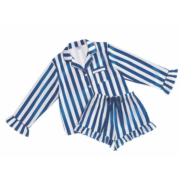 Ruffle Satin PJ Set - White + Ocean Blue Cabana Stripe