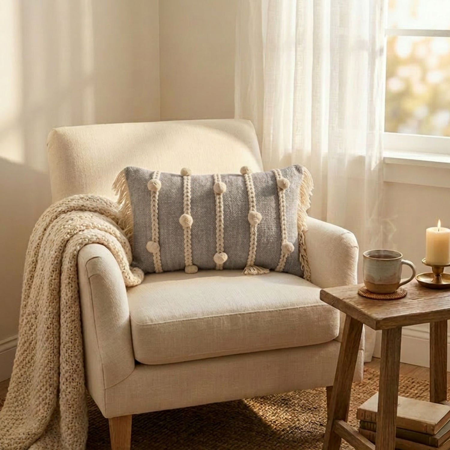 Braided Pom-Pom Lumbar Pillow