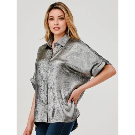 Metallic Button Down Top Pewter