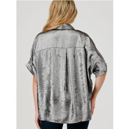 Metallic Button Down Top Pewter