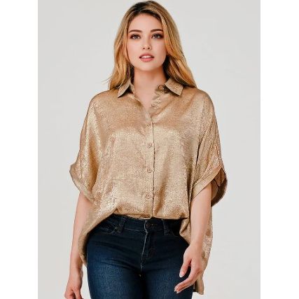 Metallic Button Down Top Gold