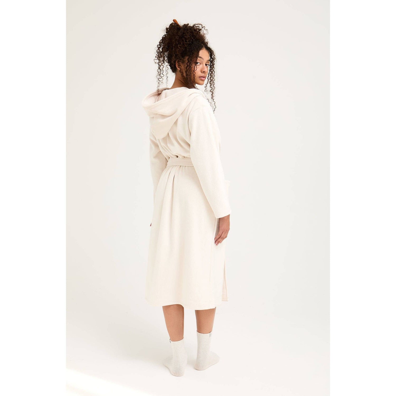 Ribbed Hooded Robe in Cream