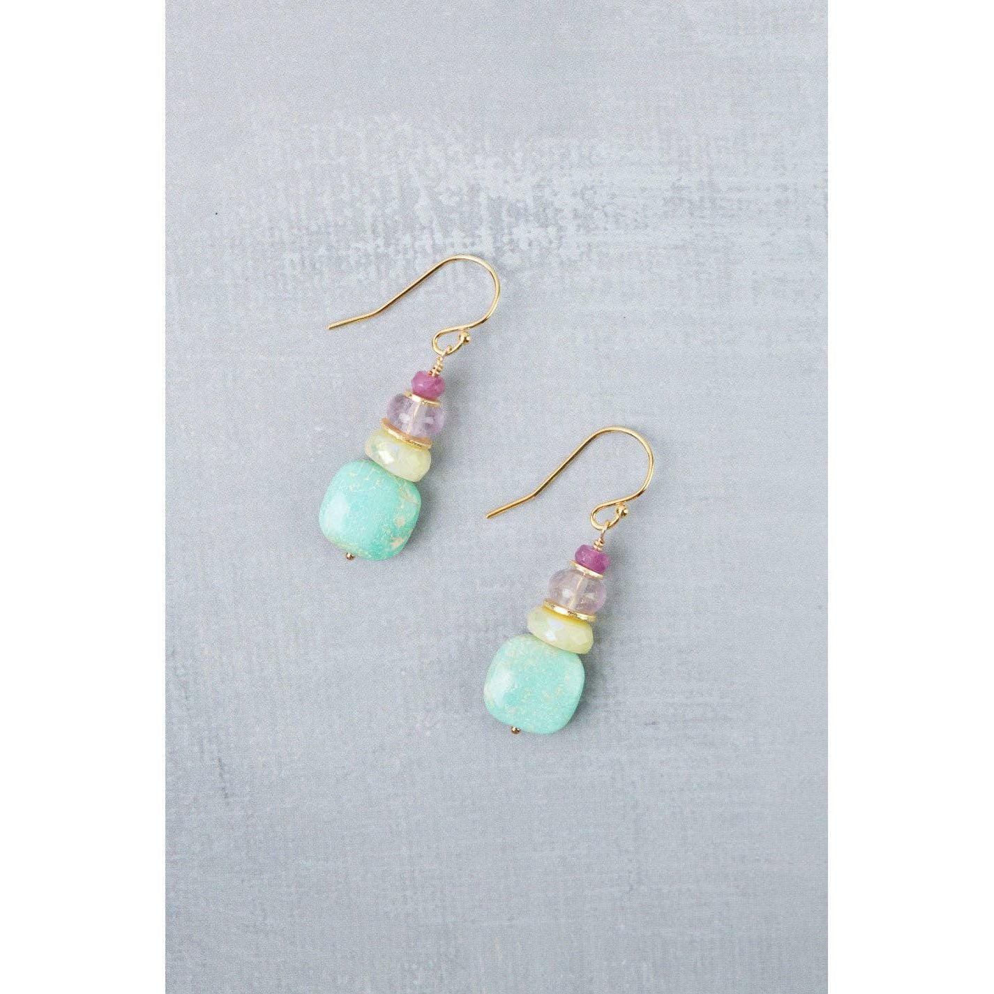 Treasure Honey Opal, Amethyst, Ruby with Turquoise Simple Earrings