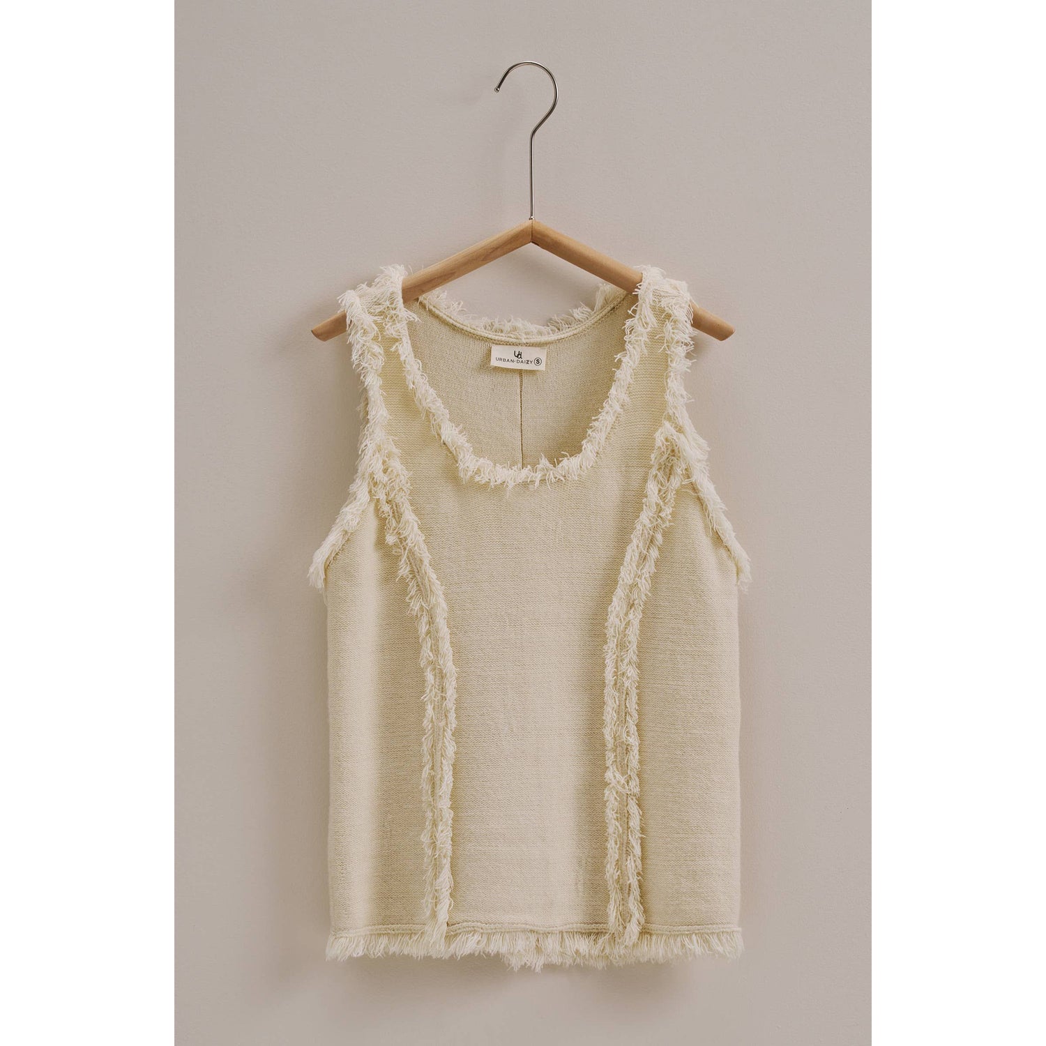 Ivory Frayed Trim Knit Tank
