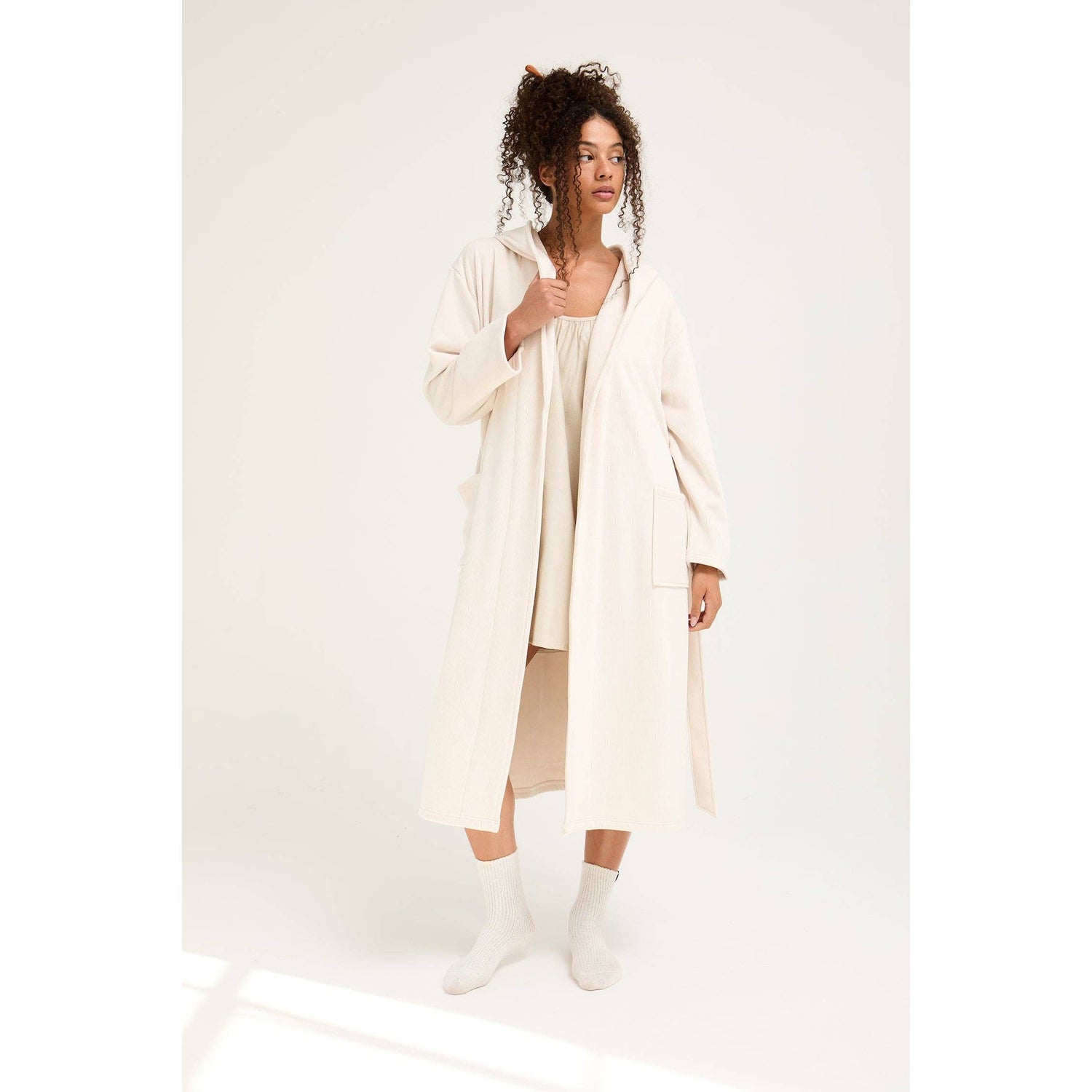Ribbed Hooded Robe in Cream