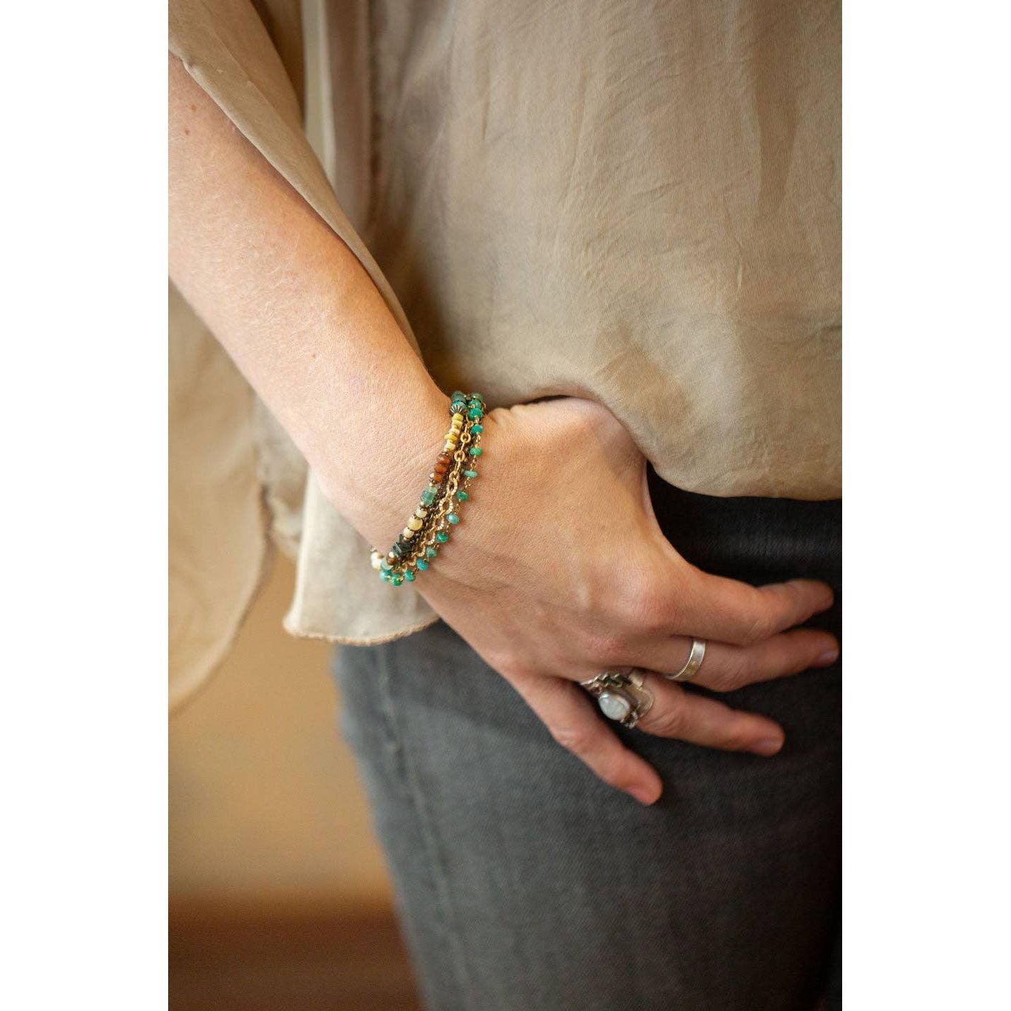 Atlas 7.5-8.5" Roman Glass, Amazonite, Czech Glass Multistrand Bracelet