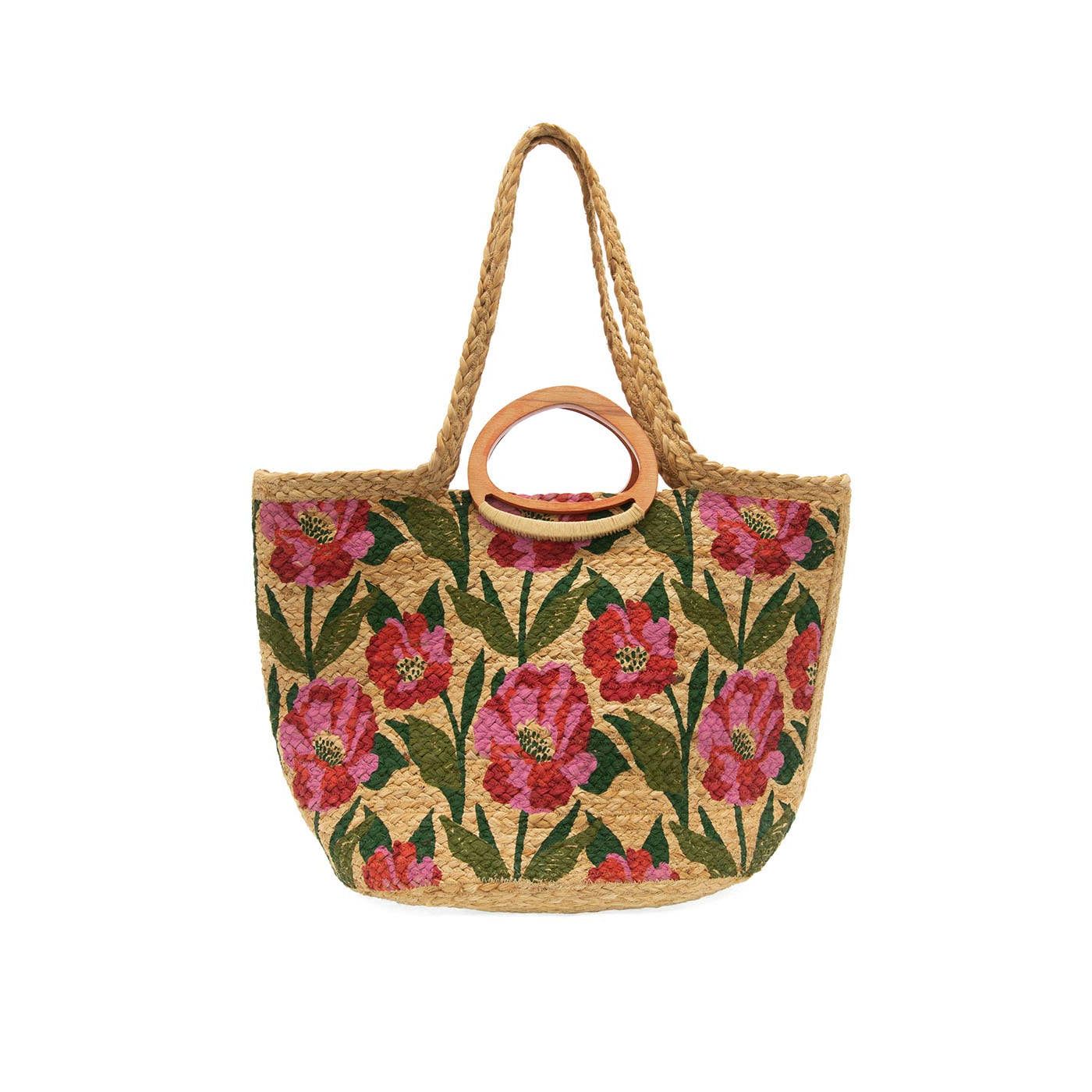 Poppy Painted Nell Wood Handle Jute Tote